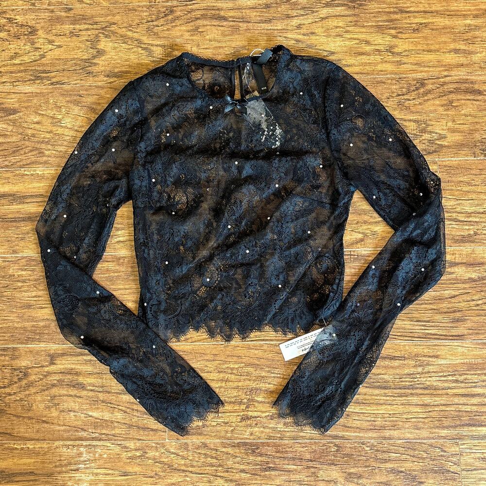 For Love & Lemons Black Lace Crystal Embellished Long Sleeve Top XXS
